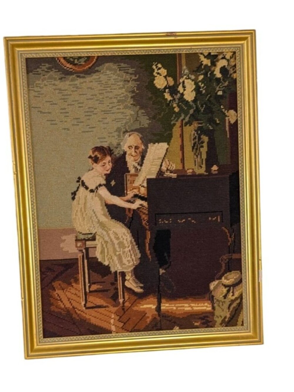 Vintage Needlepoint Tapestry Framed Art Piano lesson, decor - Picture 15 of 16